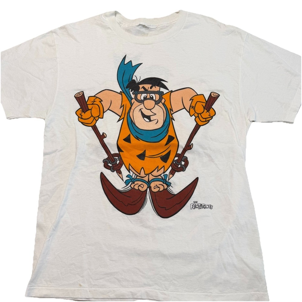 VTG 90s Flintstones Fred Flintstone Skiing Graphic Print Front/Back Tee Large
